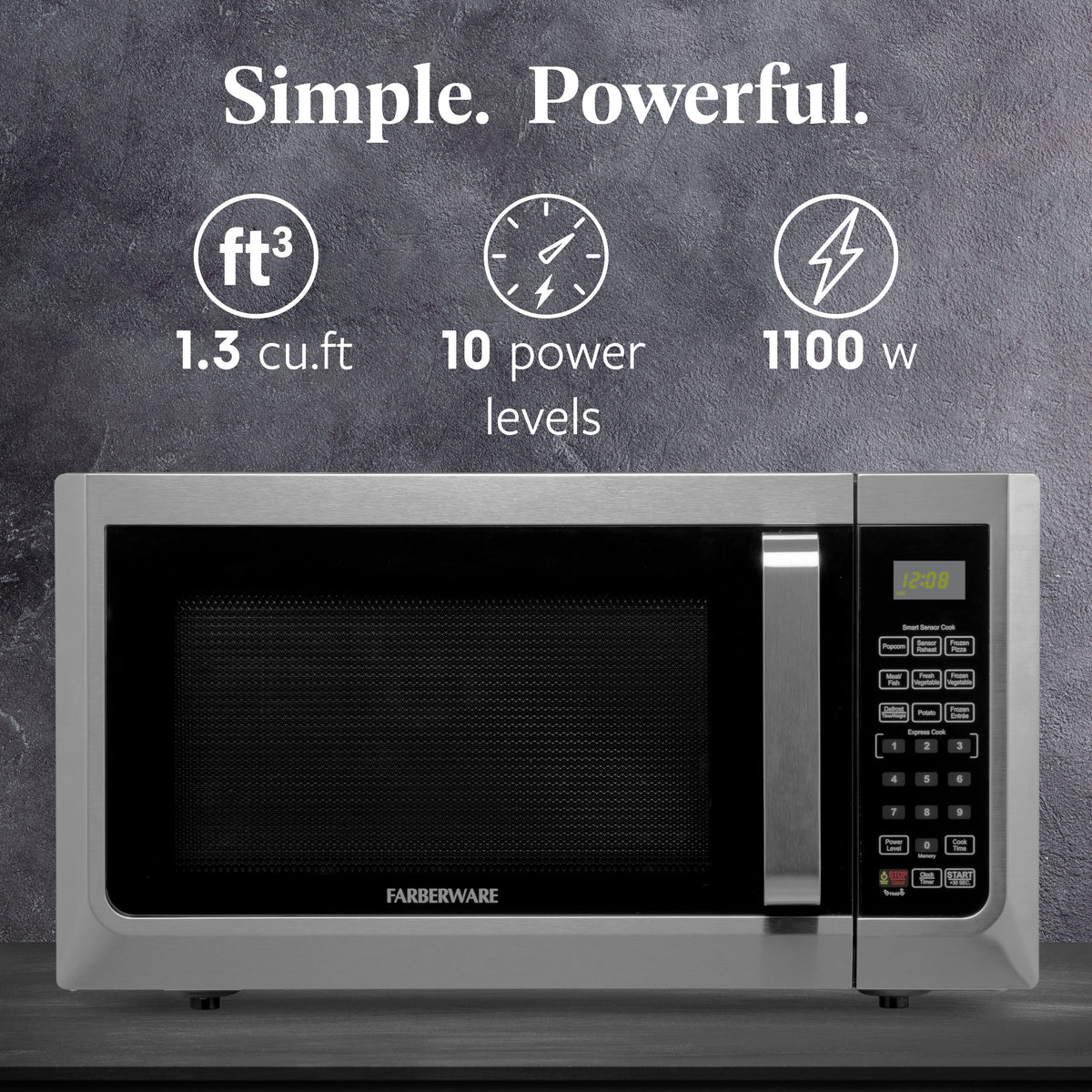 Farberware Countertop Microwave Ov 1100 Watts, 2.2 cu ft - Smart Sensor With LED Lighting and Child Lock - Perfect for Apartments and Dorms - Easy Clean Black Interior, Stainless Steel