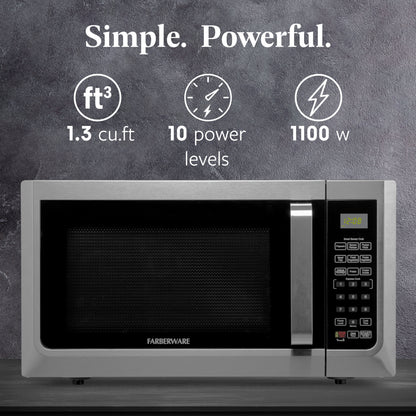 Farberware Countertop Microwave Ov 1100 Watts, 2.2 cu ft - Smart Sensor With LED Lighting and Child Lock - Perfect for Apartments and Dorms - Easy Clean Black Interior, Stainless Steel