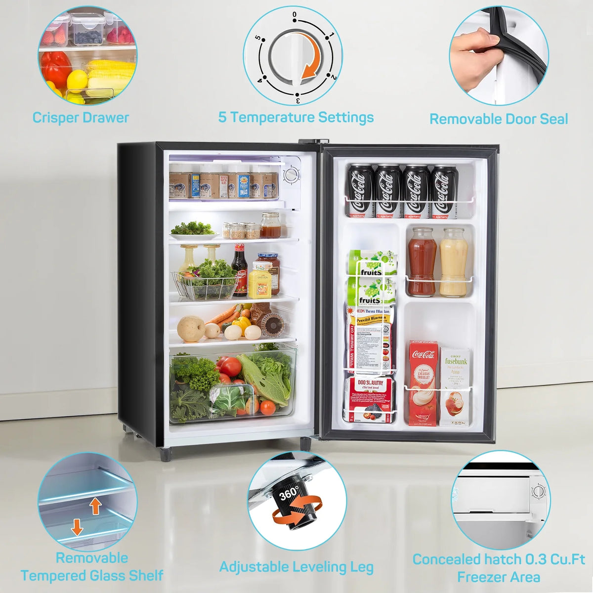 Upgraded Mini Fridge with Freezer, Compact Single Door, 3.2 Cu.Ft , Adjustable Thermostat, Low Noise, Perfect for Bedroom, Dorm, Office, 17.5" D x 17.7" W x 31.5" H, Black