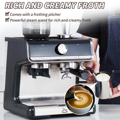 COZONY Espresso Machine 15 Bar, 2.5 L Water Tank, Semi Automatic Coffee Maker with Grinder, Milk Frother/Steam Wand, Italian Pump, All-in-One Espresso Machine, Stainless Steel, Silver