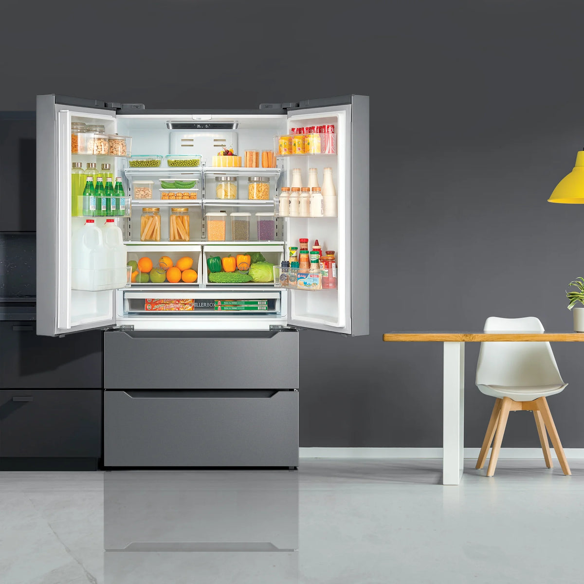 Cosmo 4 Piece Kitchen Appliance Packages with 36" Freestanding 220/240V Dual Fuel Range 36" Island Range Hood 24" Built-in Integrated Dishwasher & French Door Refrigerator Kitchen Appliance Bundles