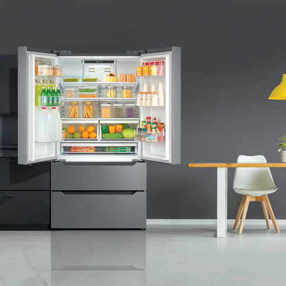 Cosmo 4 Piece Kitchen Appliance Packages with 36" Freestanding 220/240V Dual Fuel Range 36" Island Range Hood 24" Built-in Integrated Dishwasher & French Door Refrigerator Kitchen Appliance Bundles