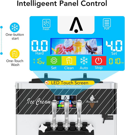 NEILA 2+1 Flavor Soft Serve Ice Cream Maker Machine Commercial,5.8-7.9 Gal/Hr Vertical Soft Serve Machine with 5.5 Inch Screen,Auto Clean Pre-Cooling High Productivity for Restaurants&Snack,2450W