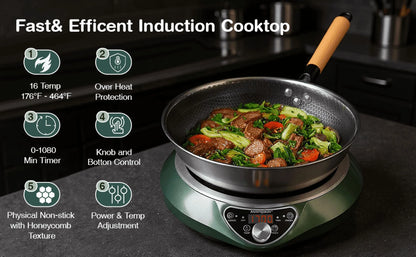 Induction Cooktop 1700W 85V~120V Wok Pan (included) Portable Electric Stove 18 Hours Timer 16 Level Temp&Power Ctrl Cookware Appliances Skillet Plates
