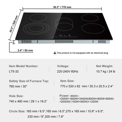 KFFKFF 8600W Electric Ceramic Cooktop, 30" 5 Burners Built-in Countertop Burners Cooker Touch Control, Overheat Protection, Child Lock, 9 Power Levels, 220-240V (NO Plug)