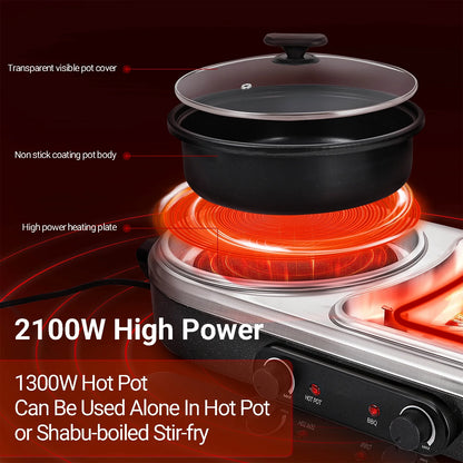 ZXMT 2 in 1 Electric Hot Pot with Grill Combo 2100W Indoor Griddle Dual Temperature Control Non-Stick Korean BBQ Shabu Pan