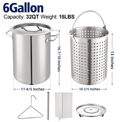 64QT Stainless Steel Pot with 200,000BTU Propane Fryer, Seafood Boil Pot, Crab Boil Pot, Lobster Pot, Shrimp Boil Pot, Tamale Steamer Pot with Basket and Turkey Fryer Burner