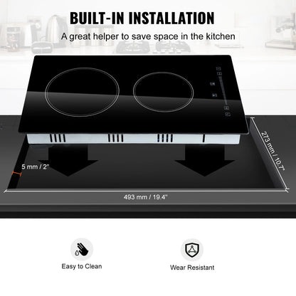 KFFKFF 2 Burner Electric Cooktop, 220-240V 1800W 20 Inch Built-in Electric Stove Ceramic Cooktop with Touch Screen, 9 Levels Settings, Overheat Protection with US Plug