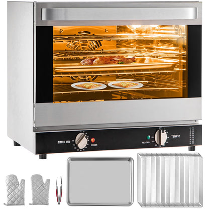 KFFKFF Commercial Convection Oven, 66L/60Qt, Half-Size Conventional Oven Countertop, 1800W 4-Tier Toaster with Front Glass Door, Electric Baking Oven with Trays Wire Racks Clip Gloves, 120V