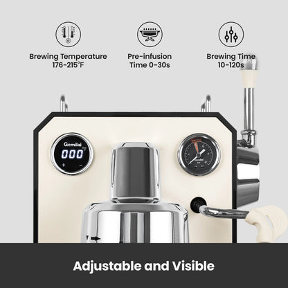 Gemilai G3006 Owl 15-Bar Semi-Auto Espresso Machine, Dual Display, Milk Frother, 57oz Tank, Stainless Steel Coffee Maker