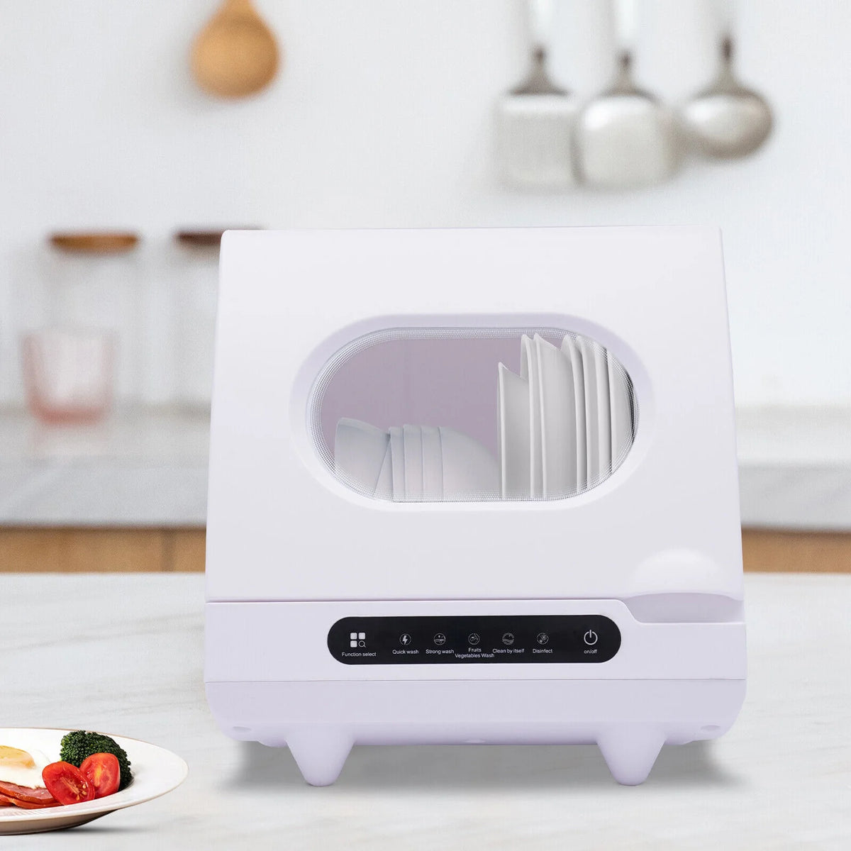 FETCOI Countertop Dishwasher, Compact Countertop 360Streak-Free Deep Cleaning Dishwasher Tableware Dishwashing 5 Washing Programs Automatic Portable Dish Washing Machine with Dish Rack White