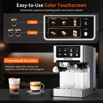AIRMSEN Espresso Machine with Color Touchscreen, 20 Bar Cappuccino Latte Machines with Automatic Milk Frother, Dual Boiler Stainless Steel Espresso Maker for Home, 1350W