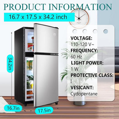 Harper & Bright Designs Double Door Mini Fridge with Freezer, 3.2 Cu.Ft Compact Refrigerator with Adjustable Shelf, Adjustable Thermostat and Reversible Door for Bedroom, Dorm, Home Office, White