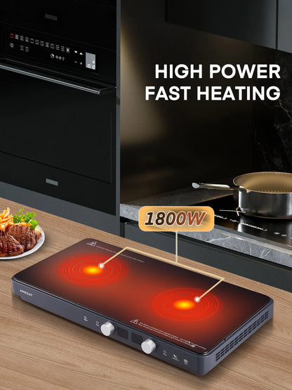 Induction Cooktop 2 Burners, 1800W Countertop Burners with Removable Cast Iron Griddle Pan Non-Stick, 8 Power Levels Control