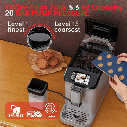 Full Automatic Espresso Machine with Built-In Grinder & Milk Frother - FTF Touchscreen Coffee Maker for Latte/Cappuccino, 20 Bar Pressur & 1.5L Water Tank, 1350W, Grey