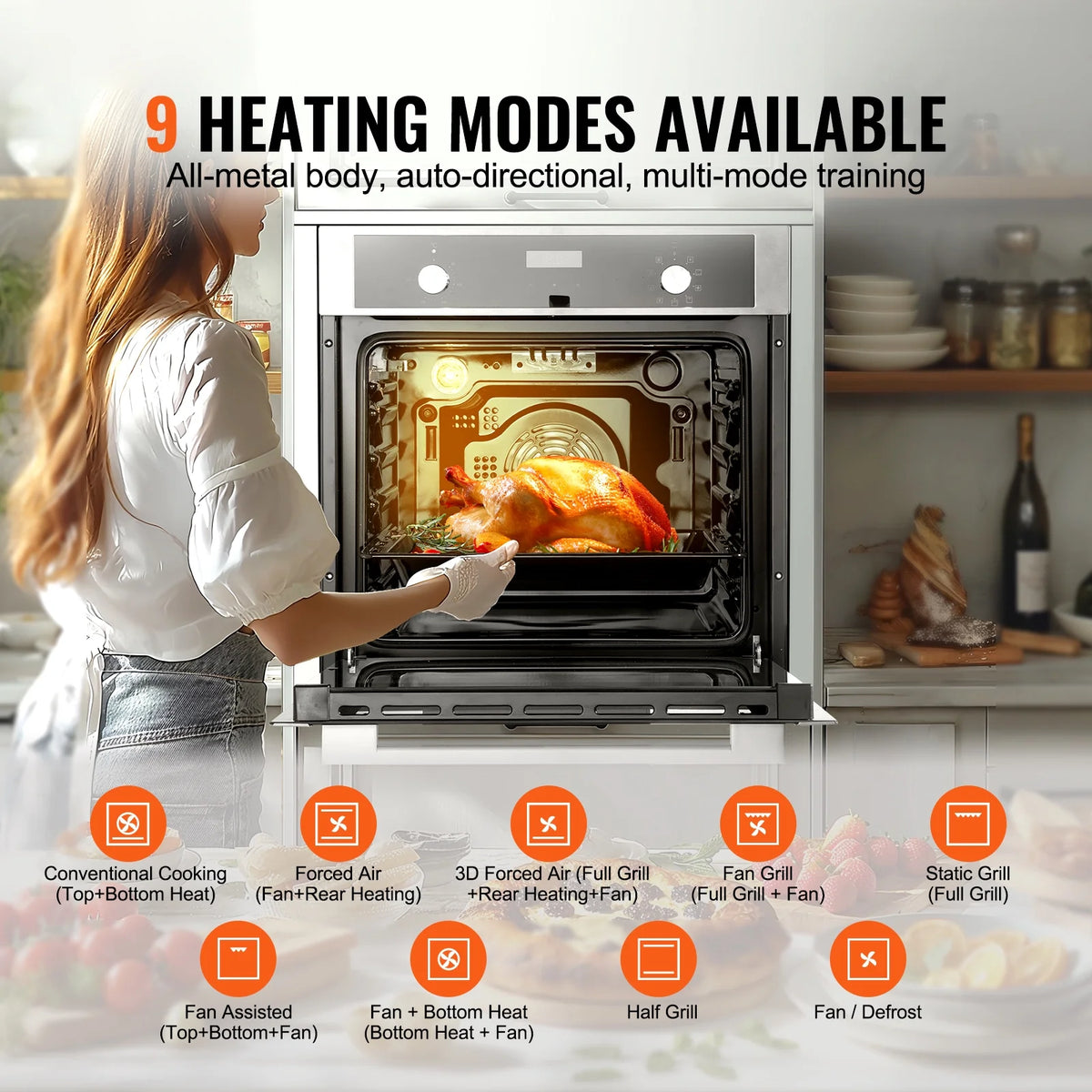 KFFKFF Single Wall Oven, 24" Electric Oven for Built-in Installation, Offers 9 Cooking Modes, 2.68 Cu.Ft Capacity, Includes Timer, 2800W Power