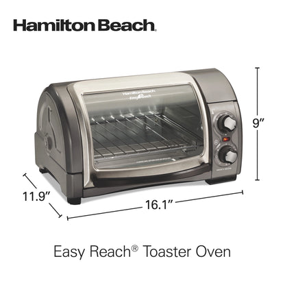 Hamilton Beach 4 Slice Countertop Toaster Oven with Easy Reach Roll-Top Door, Bake, Broil & Toast Functions, Silver