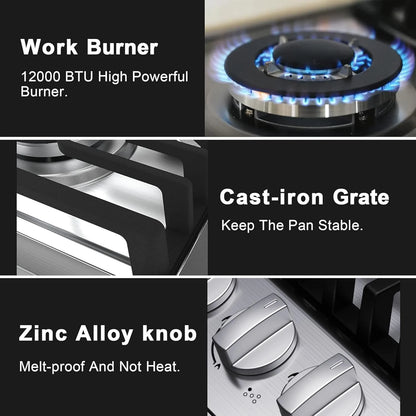30 inch Gas Cooktop, Bulit-in Gas Stove Top with 5 Burner, NG/LPG Convertible Cooktops, 5 Burner Propane Cooktop with Thermocouple Protection, Stainless Steel