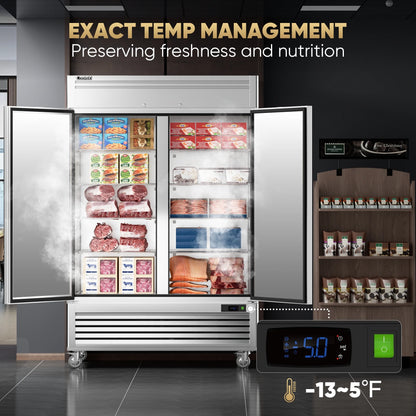 Coolski 54"W 2 Door Commercial Freezer, 49 Cu.ft Stainless Steel Reach-in Freezer
