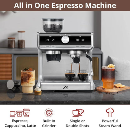 Espresso Machine 20 Bar, Professional Semi Automatic Espresso Maker With Grinder