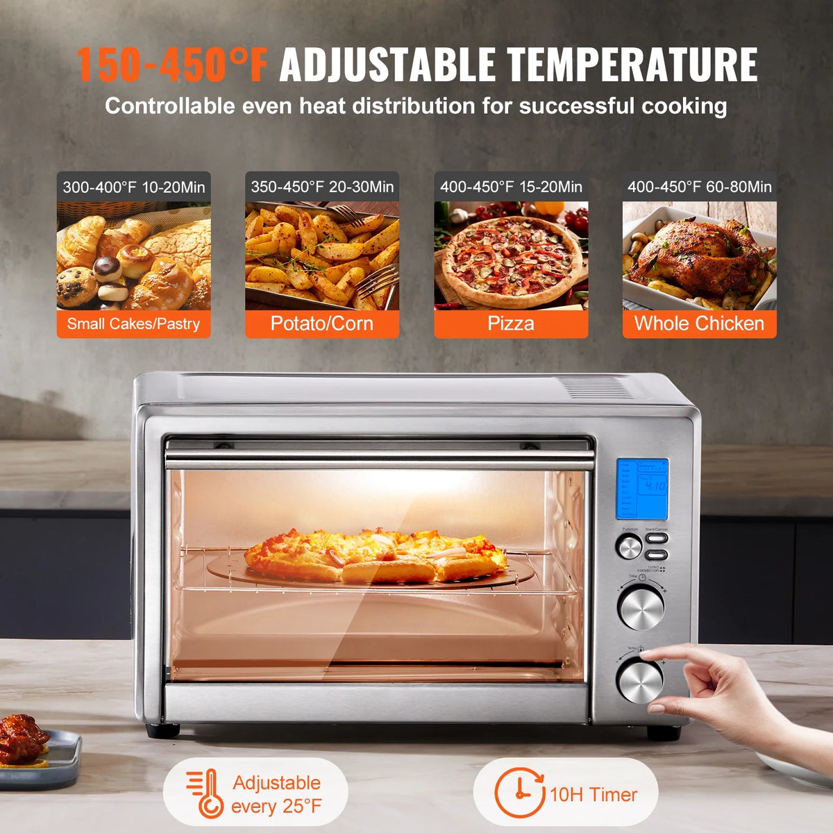 KFFKFF 10-Function Convection Oven, 28L/29.6Qt Versatile Standard Oven for Countertop, 1800W 4-Level Toaster with Transparent Front Door, Includes Trays Wire Racks Gloves