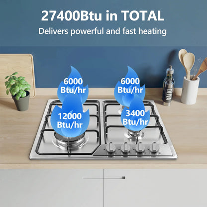 Graceall 24in Gas Stove Cooktop, Drop-in 24inch Gas Stove Top 4 Burners, NG/LPG Convertible Neutral Gas Propane Cooktop Gas Hob with Thermocouple Protection