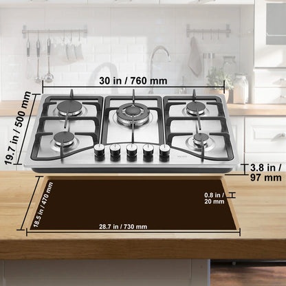 BENTISM Gas Cooktop Stove Top 30 inch Max 12250BTU 5 Burners Built-in LPG/NG Convertible