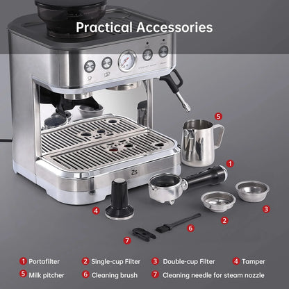 AOILE Espresso Machine with Grinder and Milk Frother �?15 Bar Pump for Cappuccino and Latte, 85oz Removable Water Tank, Stainless Steel, Steam Wand, Auto-Purge Function