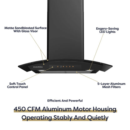CIARRA Wall Mount Range Hood 30 inch with Tempered Glass 450 CFM Kitchen Vent Hood Ductless Ducted Convertible CAS50275