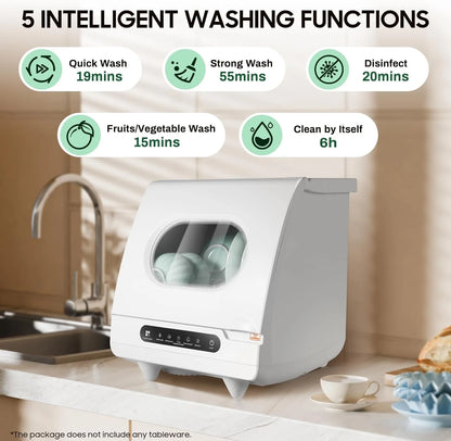1200W Portable Mini Countertop Dishwasher, 110V Table Top Dishwasher with 5 Wash Programs & Display, Freestanding Automatic Dishwasher for Apartment/Office/Kitchen/RVS, White
