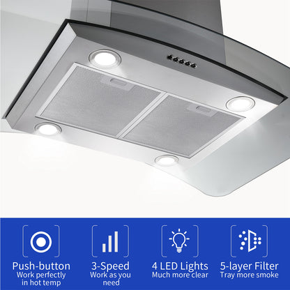 "Joeaonz 36"" Stainless Steel Island Mount Range Hood, Quiet 900CFM, 3-Speed Vent with Button Control and LED Bulb"