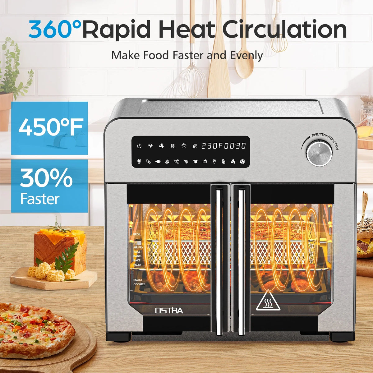 OSTBA French Door Air Fryer Toaster Oven Combo, Airfryer Convection Oven Countertop 10-in-1 Combo, 30% Faster 90% Less Oil, 102 Recipes & 7 Accessories Included 24 QT Stainless Steel