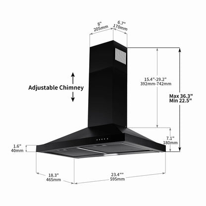 24 inch Wall Mounted Range Hood Kitchen Stove Vent Hood 450 CFM 3-Speed Fan