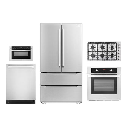 5 Piece Kitchen Package With 36" Gas Cooktop 24" Built-in Fully Integrated Dishwasher 24" Single Electric Wall Oven 24" Built-In Microwave Drawer & French Door Refrigerator