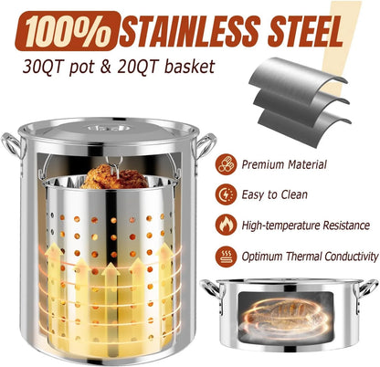 30QT Stainless Steel Turkey Fryer Kit, Stainless Steel Stand with 55,000BTU Propane Burner Stove, Waterproof Cover & Skimmer, Turkey Deep Fryer Pot, Outdoor Fish Fryer, Crawfish Boiler