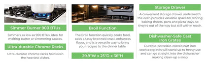 Kenmore 22-76853 5.6 cu. ft. Front-Control 5 Burner True Convection Gas Range with Oven, Large Window, Three Oven Racks, Dishwasher Safe Cast Iron Grates