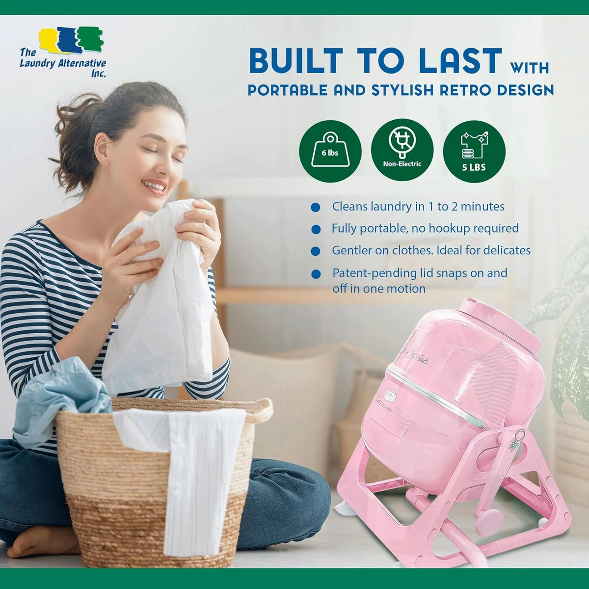 WonderWash Portable Washing Machine for Apartment & Tiny Spaces - Manual Hand Clothes Washer with Retro Design - Clean Laundry Anywhere with Our Countertop, Non-Electric, Small Washer - Pink