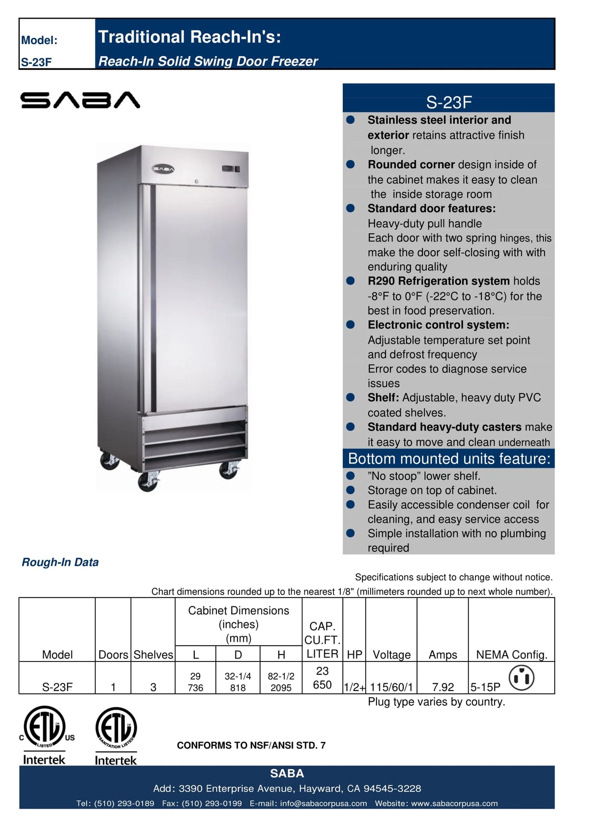 Heavy Duty Commercial 23 cu ft Solid Door Stainless Steel Upright Reach-in Freezer (1 Door)