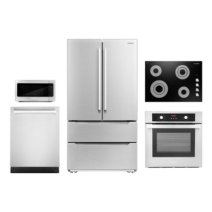 Cosmo 5 Piece Kitchen Appliance Package With 30" Electric Cooktop 24" Single Electric Wall Oven 30" Over-the-range Microwave French Door Refrigerator & 24" Built-in Fully Integrated Dishwasher