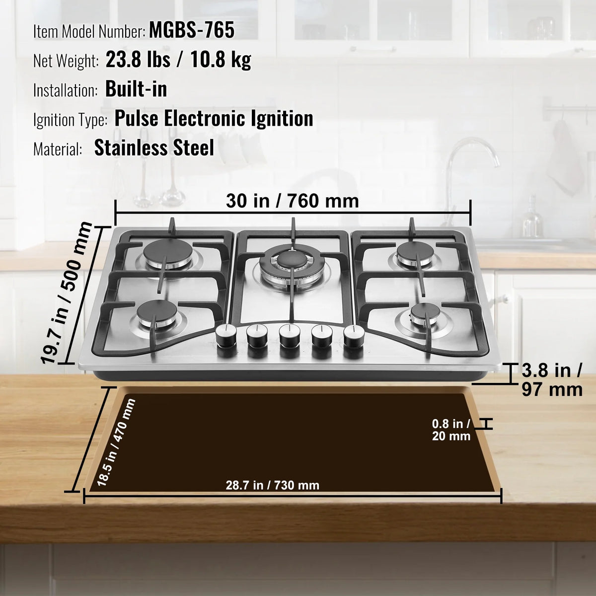 KFFKFF Gas Cooktop Stove Top 30 inch Max 12250BTU 5 Burners Built-in LPG/NG Convertible