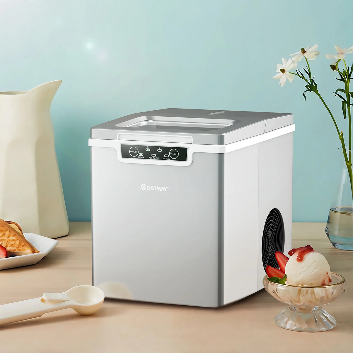 Costway Ice Maker Machine Countertop 26Lbs/24H Portable W/Scoop & Basket Silver