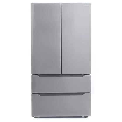 Cosmo 4 Piece Kitchen Appliance Packages with 36" Freestanding 220/240V Dual Fuel Range 36" Under Cabinet Mount Range Hood 24" Built-in Dishwasher & French Door Refrigerator Kitchen Appliance Bundles