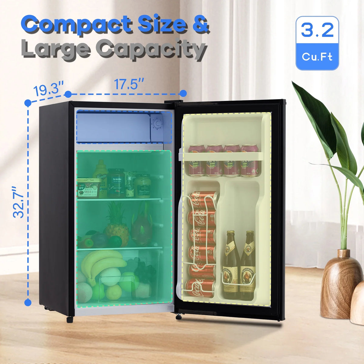 EastVita 3.2 Cu.Ft Mini Fridge with Freezer, Compact Refrigerator with 7 Level Adjustable Thermostat, Crisper Drawer & Glass Shelves, Small Fridge for Home