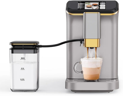 Full Automatic Espresso Machine with Built-In Grinder & Milk Frother - FTF Touchscreen Coffee Maker for Latte/Cappuccino, 20 Bar Pressur & 1.5L Water Tank, 1350W, Grey