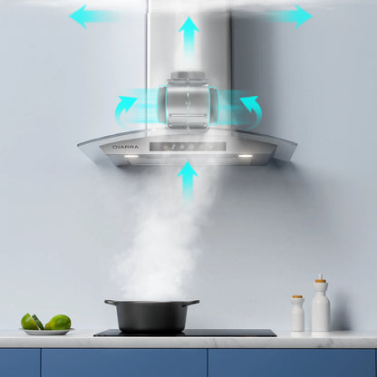 CIARRA Wall Mount Range Hood 30 inch with Tempered Glass 450 CFM Kitchen Vent Hood Ductless Ducted Convertible CAS50275