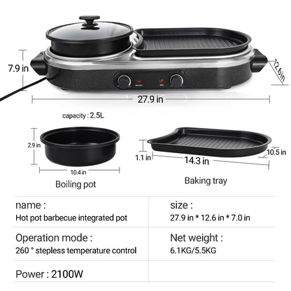 ZXMT 2 in 1 Electric Hot Pot with Grill Combo 2100W Indoor Griddle Dual Temperature Control Non-Stick Korean BBQ Shabu Pan