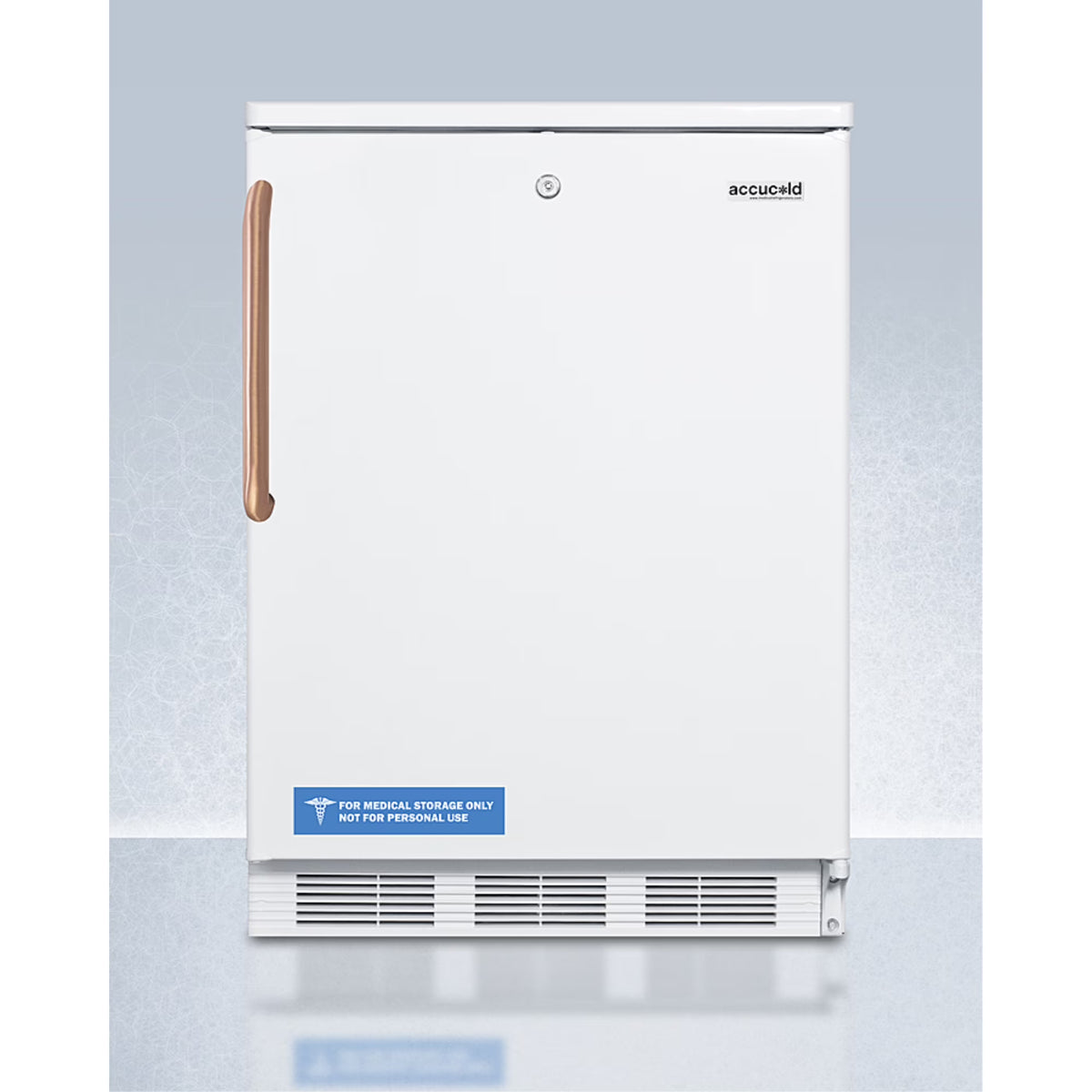 24" wide auto defrost all-refrigerator with lock, digital thermostat, internal fan, door storage, and copper handle