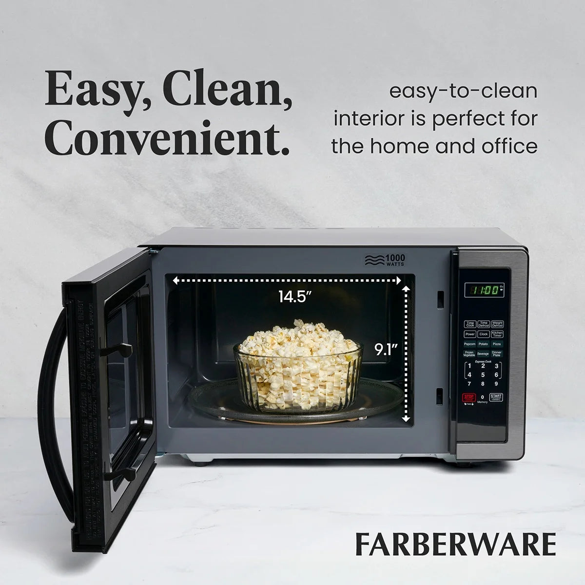 Farberware Stainless Steel Countertop Microwave Oven with Child Lock, 1.1 Cu Ft Black Stainless