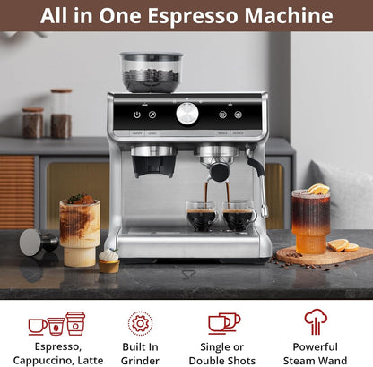COZONY Espresso Machine 15 Bar, 2.5 L Water Tank, Semi Automatic Coffee Maker with Grinder, Milk Frother/Steam Wand, Italian Pump, All-in-One Espresso Machine, Stainless Steel, Silver