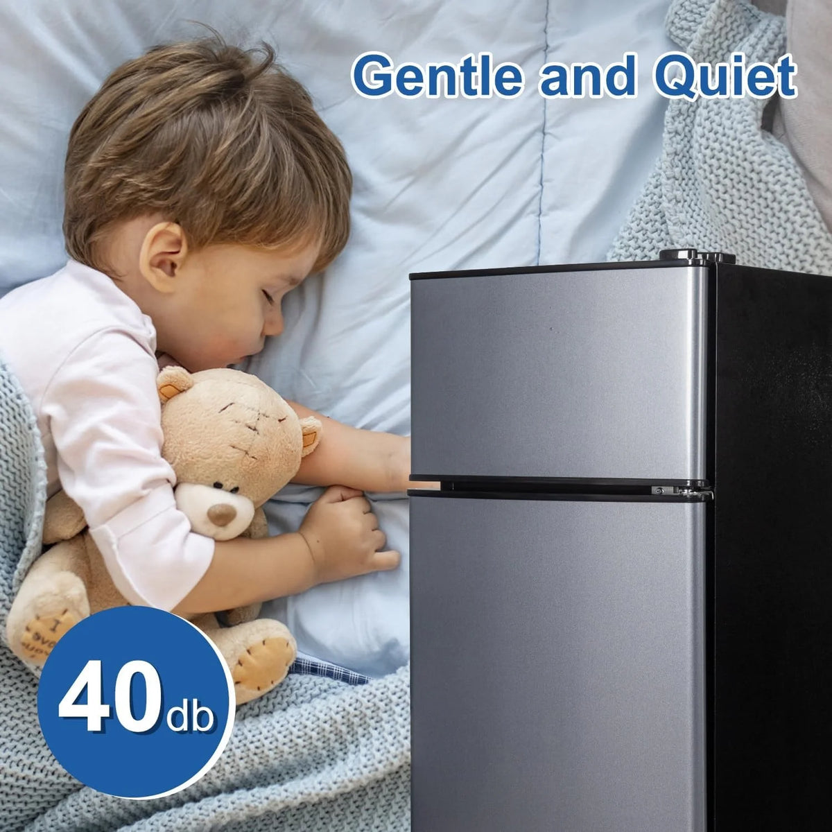 Kcpolre Mini Fridge with Freezer, 2.5 Cu.ft Small Fridge, Low Noise,7 Adjustable Thermostat, Double Door Small Refrigerator for Dorm, Bedroom, Office, Blue